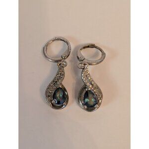 Sterling Silver Teardrop Earrings With Blue Gemstone & Clear Accents